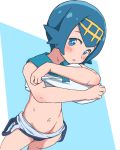  1girl blue_background blue_eyes blue_hair blush bubukka commentary_request looking_at_viewer navel pokemon pokemon_(game) pokemon_sm short_hair solo stomach suiren_(pokemon) sweat swimsuit two-tone_background white_background 