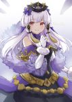  1girl absurdres airisuotog bow closed_mouth dress fire_emblem fire_emblem:_three_houses fire_emblem_heroes fur_trim gloves hair_ornament hat highres long_hair lysithea_von_ordelia pink_eyes smile solo twitter_username white_gloves white_hair 