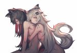  2girls absurdres animal_ears arknights bangs black_hair commentary_request crying crying_with_eyes_open from_side grey_eyes hair_ornament hairclip highres hug hug_from_behind huge_filesize lappland_(arknights) long_hair multiple_girls nude oripathy_lesion_(arknights) scar scar_across_eye silver_hair simple_background tail tears texas_(arknights) upper_body veilrain very_long_hair white_background wolf_ears wolf_tail yuri 