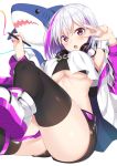  1girl :o ass bandeau bare_shoulders belt black_legwear black_shorts breasts headphones headphones_around_neck highres holding indie_virtual_youtuber jacket komori_kuzuyu long_sleeves looking_at_viewer medium_breasts midriff multicolored_hair nail_polish open_clothes open_jacket open_mouth purple_nails red_eyes shoes short_hair short_shorts shorts sleeveless solo streaked_hair stuffed_animal stuffed_shark stuffed_toy stylus thighhighs thighs underboob v virtual_youtuber white_footwear white_hair white_jacket 