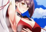  1girl arm_up armpits azur_lane bangs blue_sky blush breasts brown_hair cleavage cloud collarbone commentary_request criss-cross_halter day dress eyebrows_visible_through_hair eyeliner grabbing_own_breast hair_between_eyes halterneck highres japanese_clothes kimono large_breasts long_hair long_sleeves looking_at_viewer makeup multiple_girls nose_blush open_clothes open_kimono open_mouth ponytail presenting_armpit red_dress sho-chan sidelocks sky sleeveless sleeveless_dress solo sweat upper_body very_long_hair white_kimono wide_sleeves yellow_eyes zuikaku_(azur_lane) 