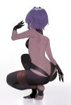  1girl ass bare_back bebe_pp breasts fate/prototype fate/prototype:_fragments_of_blue_and_silver fate_(series) from_behind full_body hassan_of_serenity_(fate) highres holding holding_weapon kunai medium_breasts purple_hair short_hair simple_background solo squatting weapon white_background 