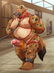  2020 absurd_res anthro balls belly blush bodily_fluids bottomwear bound clothing crown cum cum_on_chest cum_on_face cum_on_stomach erection genital_fluids genitals group hi_res hyaenid jumperbear kemono male mammal moobs nipples outside overweight overweight_male penis rope shirt shorts topwear 