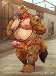  2020 absurd_res anthro balls belly blush bottomwear bound clothing crown erection genitals group hi_res hyaenid jumperbear kemono male mammal moobs nipples outside overweight overweight_male penis rope shirt shorts topwear 
