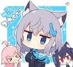  &gt;_&lt; ahoge animal_ears blue_archive blue_eyes cat_ears chibi commentary_request food_in_mouth hair_ornament hoshino_(blue_archive) long_hair muuran pink_hair red_eyes scarf school_uniform serika_(blue_archive) shiroko_(blue_archive) simple_background twintails 