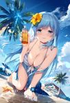  1girl :d all_fours bangs bare_shoulders beach bikini blue_eyes blue_hair blue_nails blue_sarong blush bottle bracelet breasts brown_hair cleavage collarbone day emori_miku emori_miku_project eyebrows_visible_through_hair flower hair_flower hair_ornament highres holding holding_bottle jewelry large_breasts long_hair looking_at_viewer lotion miyase_mahiro open_mouth outdoors sarong sidelocks smile solo striped striped_bikini swimsuit very_long_hair wet 