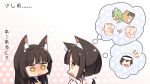  1boy 3girls :d :o ahoge akashi_(azur_lane) animal_ears azur_lane black_hair blush breast_massage chibi commander_(azur_lane) dalian_(1457091741) detached_sleeves embarrassed fox_ears fox_girl fox_tail full-face_blush gradient gradient_background green_hair hat highres japanese_clothes kimono long_hair magazine multiple_girls mutsu_(azur_lane) nagato_(azur_lane) open_mouth peaked_cap polka_dot polka_dot_background short_hair simple_background smile spoken_person tail translation_request wavy_mouth wide_sleeves yellow_eyes 