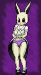  anthro beastars blush bottomwear breasts brown_eyes clothed clothing clothing_lift female fur haru_(beastars) hi_res lagomorph leporid looking_at_viewer mammal open_mouth panties purple_background rabbit simple_background skirt skirt_lift smile solo someth1ngoranother standing underwear white_body white_fur wide_hips 
