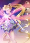  1girl bishoujo_senshi_sailor_moon blonde_hair blurry circlet closed_eyes crescent crescent_earrings double_bun earrings elbow_gloves floating_hair gloves hair_tubes highres jewelry long_hair miniskirt pleated_skirt sailor_moon shiny shiny_hair skirt sleeveless solo super_sailor_moon twintails verse very_long_hair white_gloves white_skirt 