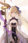  1girl ahoge artoria_pendragon_(all) artoria_pendragon_(caster) blonde_hair breasts cleavage collarbone commentary_request cowboy_shot dress eyebrows_visible_through_hair eyes_visible_through_hair fate/grand_order fate_(series) gloves green_eyes hair_between_eyes highres holding holding_staff long_hair long_sleeves looking_at_viewer panties siino small_breasts solo staff standing thighhighs twintails underwear 
