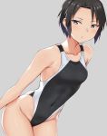  1girl black_eyes black_hair breasts competition_swimsuit cowboy_shot grey_background hashi highleg highleg_swimsuit leaning_forward looking_at_viewer one-piece_swimsuit original short_hair simple_background small_breasts solo standing swimsuit 