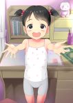  1girl :d :o black_eyes black_hair blush book camisole child desk hair_bobbles hair_ornament highres indoors open_mouth original outstretched_arms qm short_twintails sleeveless smile spaghetti_strap standing twintails 