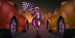  2020 4_toes 5_fingers anthro areola breasts car checkered_flag digital_media_(artwork) fingers genitals gynomorph hair hi_res intersex lizard navel nipples non-mammal_breasts penis reptile scalie shumey solo standing toes vehicle white_hair 