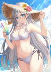  1girl anastasia_(fate/grand_order) bare_shoulders bikini blue_eyes breasts choker cleavage cloud collarbone commentary cowboy_shot day earrings eyebrows_visible_through_hair fate/grand_order fate_(series) hair_between_eyes harimoji hat jewelry long_hair looking_at_viewer medium_breasts midriff navel outdoors sky sleeveless solo stomach straw_hat swimsuit white_hair 