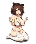  1girl :o bangs bra breasts brown_eyes brown_hair cat_paws draph eyebrows eyebrows_behind_hair granblue_fantasy highres houtengeki large_breasts lingerie navel panties paws thighhighs underwear white_background white_bra white_legwear white_panties yaia_(granblue_fantasy) 