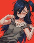  1girl artist_name bags_under_eyes bangs black_hair buddy_(lisa) collarbone crazy_eyes grey_tank_top hair_between_eyes hands_on_own_shoulders hands_up highres lisa_(series) lisa_the_joyful long_hair looking_at_viewer open_hands open_mouth red_background red_eyes scar scar_across_eye shosan side_ponytail simple_background smile solo spoilers tank_top upper_body w_arms 