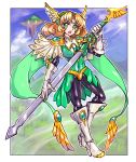  1girl adapted_costume blonde_hair bodysuit boots breastplate breasts elbow_gloves gloves green_eyes hairband highres holding holding_sword holding_weapon hououji_fuu knee_boots long_sword magic_knight_rayearth medium_breasts medium_hair oomasa_teikoku skin_tight solo super_robot_wars_t sword weapon winged_hairband 