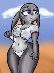  anthro beach big_breasts breasts cleavage clothed clothing cloud disney female fur grey_body grey_fur half-closed_eyes hand_on_leg hi_res judy_hopps lagomorph leporid mammal narrowed_eyes open_mouth purple_eyes rabbit seaside solo someth1ngoranother standing swimwear teeth thick_thighs wide_hips zootopia 