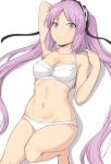  1girl bangs bare_shoulders blush bra breasts collarbone euryale fate/hollow_ataraxia fate_(series) frilled_hairband frills hairband long_hair looking_at_viewer lying navel on_back panties purple_eyes purple_hair shiseki_hirame small_breasts smile thighs twintails underwear white_bra white_panties 