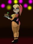  anthro big_breasts big_butt blonde_hair blue_eyes breasts buckteeth butt cake clothed clothing female food fur hair hi_res holding_object holding_plate lagomorph leporid lola_bunny looking_at_viewer looking_back looney_tunes mammal plate rabbit rear_view simple_background smile solo someth1ngoranother standing teeth thick_thighs warner_brothers wide_hips 