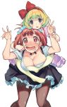  2girls :d alternate_costume bent_over black_skirt blonde_hair bow bow_hairband bright_pupils brown_eyes double_w empty_eyes enmaided eyebrows_visible_through_hair finger_in_another&#039;s_mouth green_hair hair_bow hairband hands_up looking_at_viewer maid maid_headdress multicolored_hair multiple_girls nonco open_mouth original puffy_short_sleeves puffy_sleeves red_bow red_eyes red_hair shirt short_eyebrows short_hair short_sleeves simple_background skirt smile tears two-tone_hair w white_background white_pupils white_shirt 