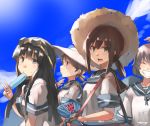  4girls akicosmossakasa bag black_eyes black_hair blue_sailor_collar blue_sky brown_eyes cloud commentary_request fan fubuki_(kantai_collection) hat hatsuyuki_(kantai_collection) highres kantai_collection long_hair looking_at_viewer low_ponytail low_twintails miyuki_(kantai_collection) multiple_girls paper_fan ponytail sailor_collar school_uniform serafuku shirayuki_(kantai_collection) short_hair short_ponytail sidelocks sky straw_hat sun_hat twintails uchiwa upper_body 