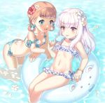  2girls annette_fantine_dominic bikini blue_eyes breasts cleavage fire_emblem fire_emblem:_three_houses flower food hair_flower hair_ornament innertube long_hair lysithea_von_ordelia multiple_girls navel open_mouth orange_hair pink_eyes popsicle porocha small_breasts swimsuit tongue tongue_out twintails water white_hair 