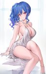  1girl azur_lane bangs bare_arms bare_shoulders blue_hair blue_nails bracelet breasts cleavage closed_mouth collarbone dress earrings evening_gown hair_between_eyes hair_ornament hairclip highres jewelry large_breasts long_hair looking_at_viewer nail_polish necklace no_bra pink_eyes plunging_neckline revealing_clothes side_ponytail sidelocks silver_dress simple_background sitting sleeveless sleeveless_dress solo spaghetti_strap st._louis_(azur_lane) st._louis_(luxurious_wheels)_(azur_lane) thighs white_background white_dress yumaomi 