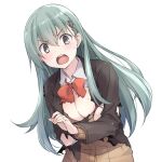  1girl blouse blush breasts brown_jacket brown_sweater eyebrows_visible_through_hair green_eyes green_hair hair_between_eyes highres jacket kantai_collection large_breasts long_hair long_sleeves neck_ribbon open_mouth red_ribbon remodel_(kantai_collection) ribbon sakana school_uniform simple_background solo suzuya_(kantai_collection) sweater torn_clothes torn_jacket upper_body white_background white_blouse 