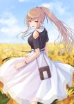  1girl :d absurdres bag bangs bare_shoulders black_shirt blue_sky blurry blurry_background blush breasts brown_hair commentary_request day depth_of_field detached_sleeves earrings eyebrows_visible_through_hair feet_out_of_frame field flower flower_field furen_e_lustario hair_ribbon handbag highres irise jewelry long_hair long_skirt looking_at_viewer looking_back medium_breasts nail_polish nijisanji open_mouth outdoors pink_nails ponytail purple_eyes red_ribbon ribbon see-through shirt short_sleeves shoulder_bag sidelocks skirt sky smile solo standing sunflower very_long_hair virtual_youtuber watch white_skirt wristwatch yellow_flower 