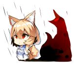  1girl animal_ear_fluff animal_ears bangs barefoot breasts chibi collared_dress dress eyebrows_visible_through_hair fox_ears fox_girl fox_tail hair_between_eyes highres light_brown_hair long_sleeves original rain red_eyes shadow small_breasts solo standing tail white_background white_dress wide_sleeves yuuji_(yukimimi) 