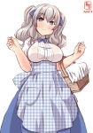  1girl alternate_costume artist_logo basket blue_eyes blue_skirt bow bowtie breasts commentary_request cowboy_shot dated dress_shirt gingham gingham_apron highres kanon_(kurogane_knights) kantai_collection kashima_(kantai_collection) kobeya koubeya_uniform large_breasts long_skirt puffy_short_sleeves puffy_sleeves shirt short_shorts short_sleeves shorts sidelocks silver_hair simple_background skirt smile solo twintails waitress wavy_hair white_background white_shirt 