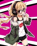  1girl bespectacled blonde_hair candy cosplay food fur_collar futaba_anzu glasses hand_in_pocket idolmaster idolmaster_cinderella_girls lollipop long_hair low_twintails off_shoulder persona persona_5 sakura_futaba sakura_futaba_(cosplay) shorts solo striped striped_background tadanoshi_kabane twintails 
