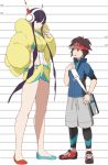  1boy 1girl age_difference asymmetrical_footwear bag black_hair blue_eyes blue_jacket blue_nails brown_eyes brown_hair closed_mouth commentary_request grey_shorts handbag height_chart height_difference jacket kamitsure_(pokemon) kyouhei_(pokemon) looking_at_another mizuno_(pixiv31352320) nail_polish pokemon pokemon_(game) pokemon_bw2 red_nails shoes short_hair short_hair_with_long_locks shorts sidelocks smile sneakers tall_female visor_cap watch wristwatch yellow_jacket 