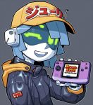  1girl baseball_cap blue_hair cameron_sewell english_commentary game_console green_eyes handheld_game_console hat highres holding holding_handheld_game_console jacket joulie leather leather_jacket metal_slug neo_geo_pocket_color no_humans one_eye_closed open_mouth original robot smile solo visor 