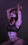  2020 anthro black_hair bra clothed clothing cougar dannonitan digital_media_(artwork) felid feline female hair hi_res mammal midriff navel simple_background solo text text_on_bra text_on_clothing text_on_underwear underwear 