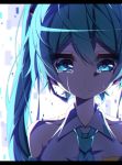  1girl absurdres aosaki_yato aqua_eyes aqua_hair aqua_neckwear backlighting bare_shoulders collarbone commentary crying crying_with_eyes_open detached_sleeves digital_dissolve hatsune_miku headphones headset highres long_hair looking_down necktie portrait shirt solo tears twintails vocaloid white_background white_shirt 