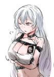  1girl absurdres azur_lane black_choker breasts choker cleavage crossed_arms eyebrows_visible_through_hair highres long_hair looking_down medium_breasts one_eye_closed open_mouth pencil plain_64 red_eyes shirt silver_hair solo sovetskaya_rossiya_(azur_lane) sovetskaya_rossiya_(the_lackadaisical_lookout)_(azur_lane) white_background white_hair white_shirt 
