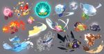  1boy absurdres animal_costume blush boomerang breathing_fire bubble claws electricity fire grey_background hat highres holding holding_weapon kirby kirby_(series) microphone no_humans rock screaming simple_background solo surfing sword tornado transformation uedrk_yamato waddle_dee water weapon 