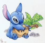  2003 4_toes alien black_eyes blue_body blue_claws blue_fur blue_nose blue_pawpads claws colored_pencil_(artwork) disney experiment_(lilo_and_stitch) fur head_tuft holding_musical_instrument holding_object lilo_and_stitch lute musical_instrument notched_ear pawpads plant playing_music plucked_string_instrument ribera rock simple_background sitting small_tail solo stitch_(lilo_and_stitch) string_instrument toes traditional_media_(artwork) tuft ukulele white_background 