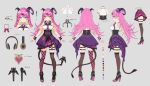  1girl asymmetrical_horns asymmetrical_legwear blonde_hair bow bowtie breasts character_sheet colored_inner_hair commentary_request demon_girl demon_horns demon_tail eyebrows_visible_through_hair guchico hair_between_eyes headphones headphones_around_neck high_heels hololive horns long_hair looking_at_viewer mano_aloe medium_breasts microphone multicolored_hair pink_hair purple_neckwear purple_skirt skirt sleeveless tail thigh_strap thighhighs two-tone_hair virtual_youtuber wrist_cuffs 