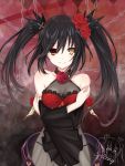  1girl black_hair breasts dark date_a_live dress eyes face flower highres medium_breasts official_art red_dress red_eyes red_flower red_rose rose signature smile spleeny tokisaki_kurumi tsunako twintails 