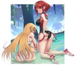  2girls ass blonde_hair breasts gonzarez highres hikari_(xenoblade_2) homura_(xenoblade_2) large_breasts multiple_girls one-piece_swimsuit red_eyes red_hair swimsuit thick_thighs thighs water xenoblade_(series) xenoblade_2 yellow_eyes 