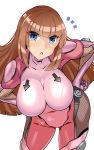  1girl absurdres bent_over blue_eyes bodysuit breasts brown_hair cowboy_shot fishnets hands_on_hips highres impossible_bodysuit impossible_clothes koukawa_asuka ninja pink_bodysuit sagging_breasts skin_tight solo taimanin_(series) taimanin_asagi taimanin_asagi_3 taimanin_rpgx volyz 