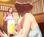  2girls :d absurdres alcohol bag bare_arms bare_shoulders beer beer_mug breasts brown_eyes brown_hair brown_skirt cellphone collared_shirt commentary_request cup handbag highres holding holding_phone indoors large_breasts long_hair long_skirt looking_at_another mug multiple_girls open_mouth original phone restaurant shirt short_hair sitting skirt smartphone smile standing tank_top ueda_torini white_shirt white_tank_top 