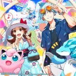  1boy 6+girls ace_trainer_(pokemon) alolan_form alolan_sandslash altaria blue_eyes blue_hair bow bracer brown_eyes brown_hair cloud commentary_request dated day gen_1_pokemon gen_3_pokemon gen_7_pokemon hands_up hat hat_bow highres holding jigglypuff kotone_(pokemon) lass_(pokemon) lucia_(pokemon) multiple_girls musical_note official_art open_mouth outdoors pokemon pokemon_(creature) pokemon_(game) pokemon_masters pokemon_ranger_(pokemon) sky spoken_musical_note stage summer sunglasses teeth tongue tsuwabuki_daigo twintails white_headwear 