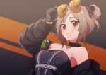  1girl bare_shoulders blush breasts choker commission girls_frontline gloves light_brown_hair looking_at_viewer medium_breasts p90_(girls_frontline) red_eyes short_hair skeb_commission smile solo warashi 