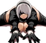  1girl bakkanki black_blindfold black_footwear black_headband blindfold breastless_clothes breasts cleavage exercise headband large_breasts lips lying mole mole_under_mouth nier_(series) nier_automata on_stomach puffy_sleeves short_hair spread_legs stretch thick_thighs thighhighs thighs white_background white_hair yorha_no._2_type_b 