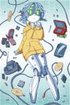  1girl battery cable cameron_sewell cd cellphone clenched_hand flip_phone floating game_cartridge green_eyes hand_on_own_chin handheld_game_console highres hood hoodie joulie neo_geo_pocket_color nintendo_ds no_humans open_mouth original phone radio_antenna robot screw smartphone solo visor yellow_hoodie 