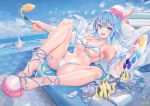  1girl :d animal armpits ass atdan bare_legs bare_shoulders bikini blue_eyes blue_hair blue_theme breasts cleavage day fang fantasy fish front-tie_bikini front-tie_top haiyi halterneck hat high_heels highres holding jellyfish large_breasts legs_up long_hair looking_at_viewer lying navel off_shoulder on_back open_clothes open_mouth open_shirt outdoors palette revision sandals shirt sky smile solo stomach strap_gap string_bikini swimsuit synthesizer_v thighs white_bikini white_shirt 